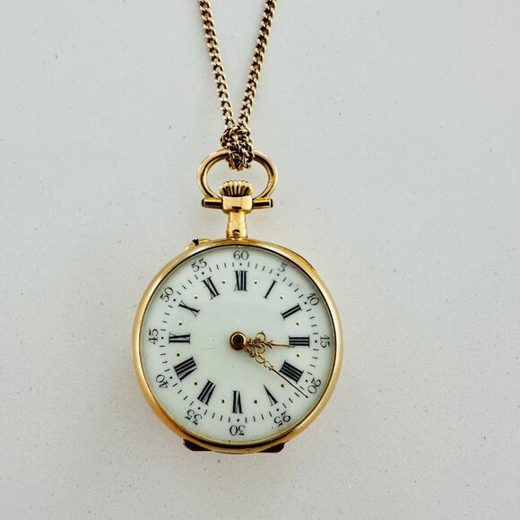 Solid Gold Pendant Pocket Watch + Gold Chain - Picture 1 of 12
